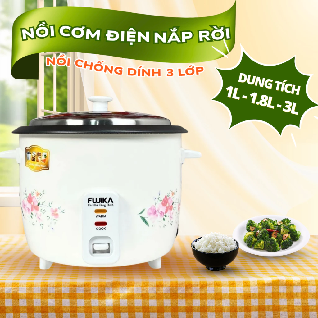 Nồi cơm điện nắp rời FUJIKA 1816 dung tích 1L-1.8L, lòng nồi chống dính 3 lớp, bảo hành 12 tháng
