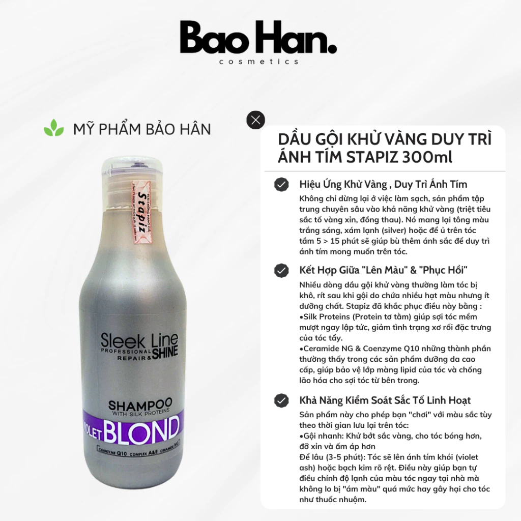 DẦU GỘI TÍM STAPIZ SLEEK LINE VIOLET BLOND 300ML - PHỤC HỒI TÓC HƯ TỔN, KHỬ VÀNG, DUY TRÌ ÁNH TÍM CHO TÓC TẨY, TÓC NHUỘM