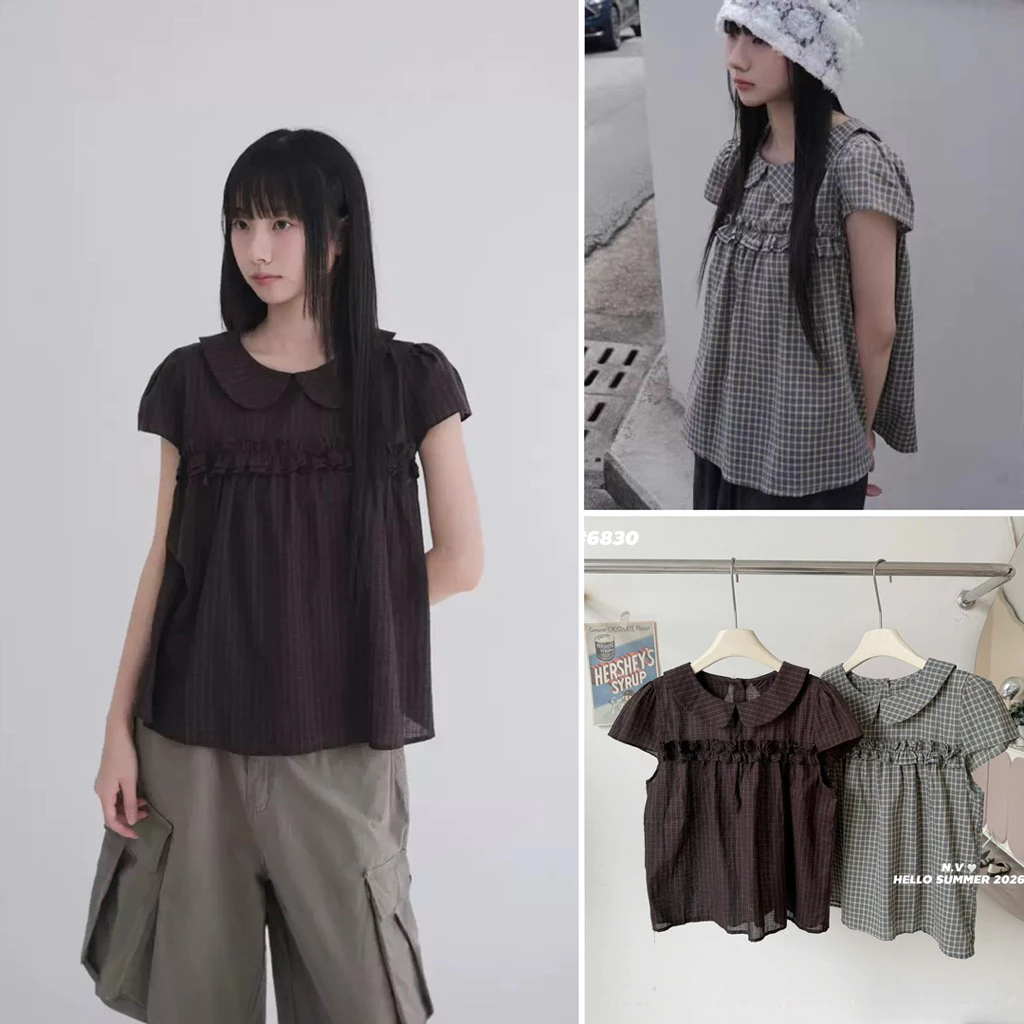 [Hàng QC sẵn] Áo sơ mi kẻ caro dáng rộng tay ngắn cổ búp bê bèo ngực RETRO TOP