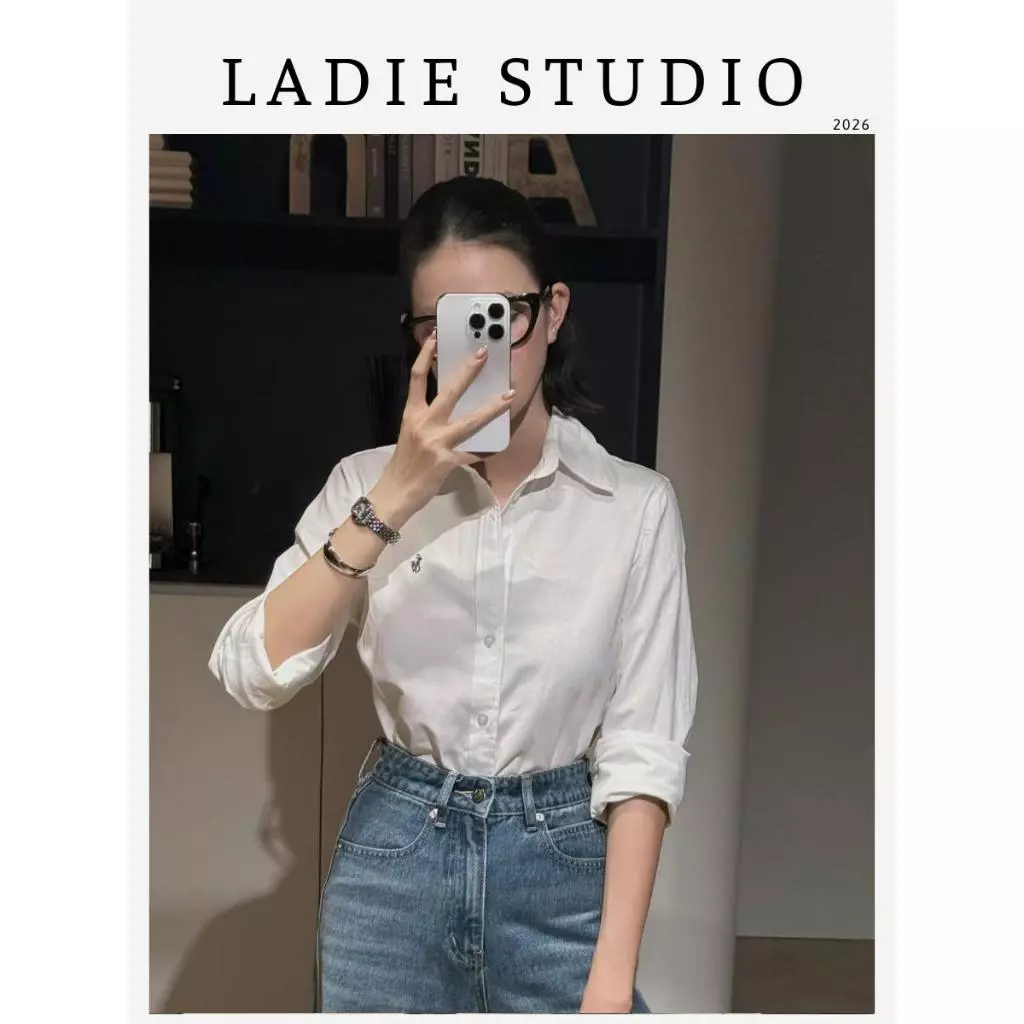 [LADIE STUDIO] Set áo sơ mi trơn thêu ngựa, quần tây nữ ống loe cạp cao công sở