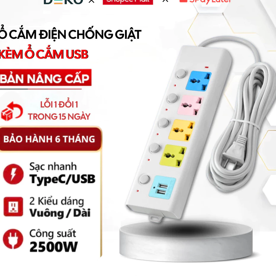 Ổ Cắm Điện Đa Năng METIS Chịu Tải 2500W Dài 1,5m Cổng USB Có Chốt Bấm Chống Giật An Toàn