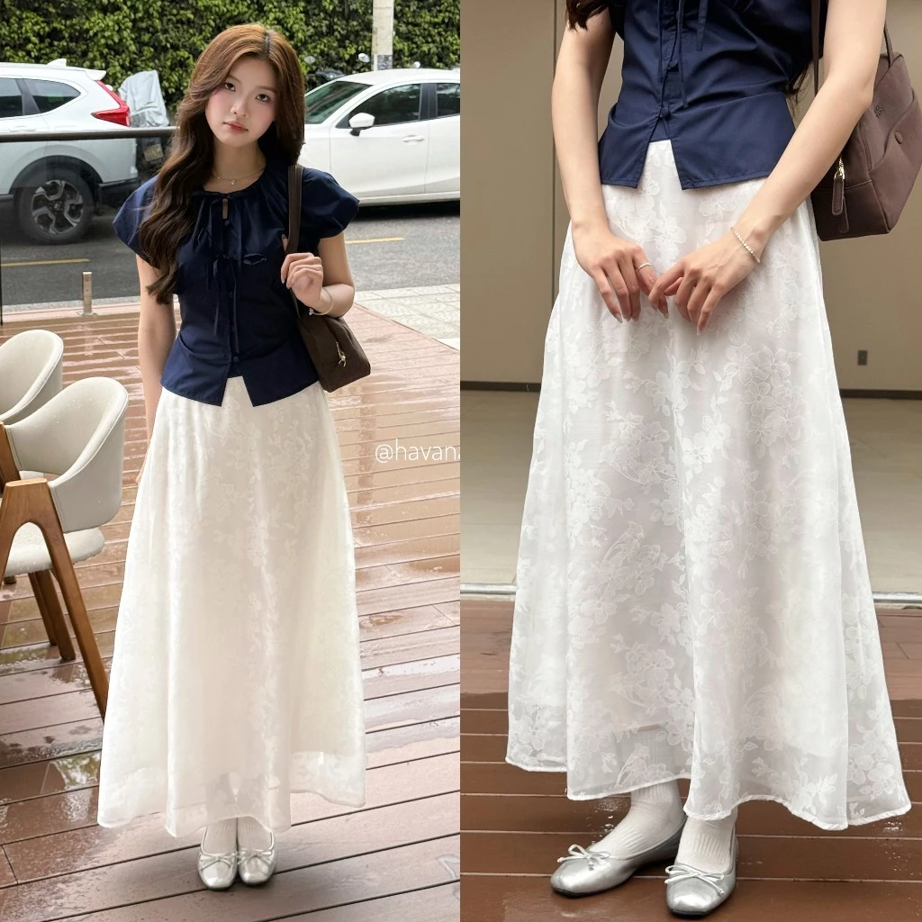 (𝙃𝘼𝙉𝘼.𝘾𝙡𝙤𝙩𝙝) Chân váy midi dáng dài TAMMY chất ren cạp chun sau có lớp lót trong CV450