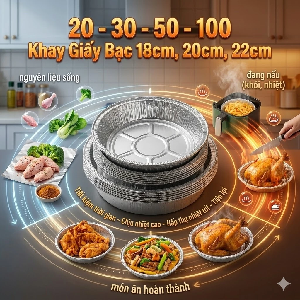 Combo Khay Nhôm Giấy Bạc Tròn 18cm 20cm 22cm Siêu Hot – Set 30 / 50 / 100 Khay Nướng Bánh, Nướng Thịt, Đựng Thực Phẩm, B