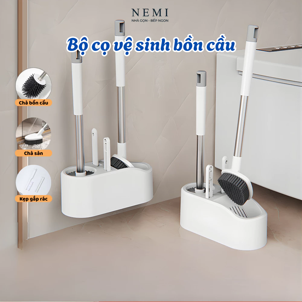 Bộ Cọ Bồn Cầu 4 Món NEMI, Cọ Toilet Đa Năng Tích Hợp Kẹp Rác, Hộp Đựng Dán Tường Không Khoan