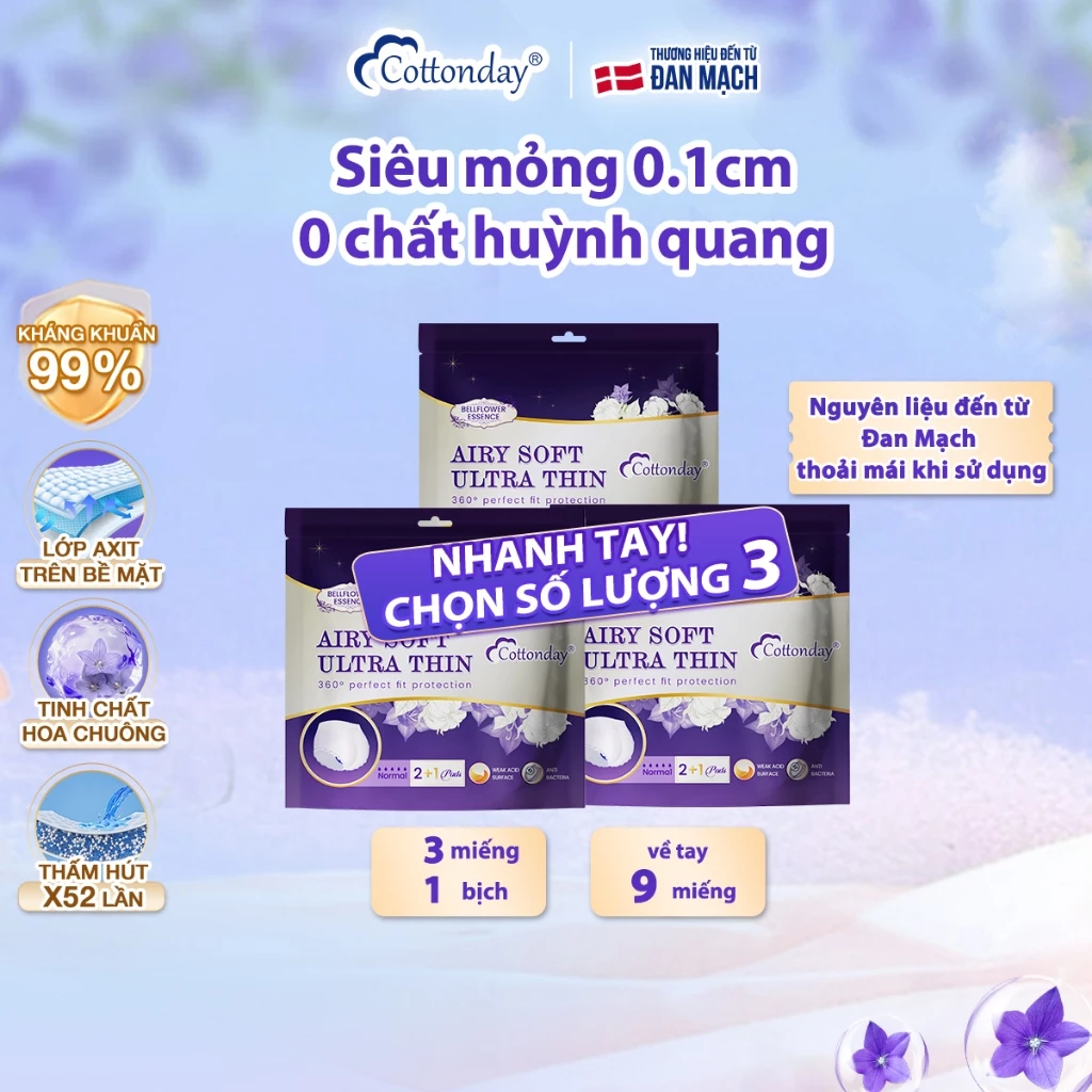 Cottonday Combo 3 Bịch Băng Vệ Sinh Dạng Quần Ban Đêm Chống Tràn Mềm Mại Thoáng Khí Siêu Thấm Hút An Toàn Cho Da 3 Miếng