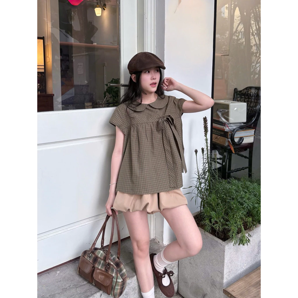 𝙃𝘼𝙉𝘼.𝘾𝙡𝙤𝙩𝙝// Áo babydoll KẺ CARO cổ sen cài nơ Nữ TSW125