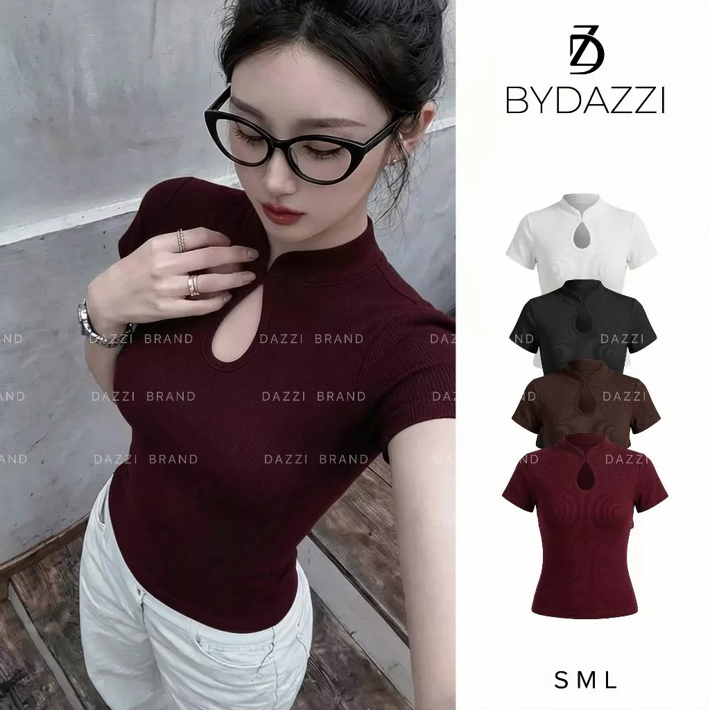 [MỞ BÁN] Áo thun nữ cổ tàu thiết kế khoét giọt lệ tay ngắn cách tân ôm dáng cotton DAZZI Women A075