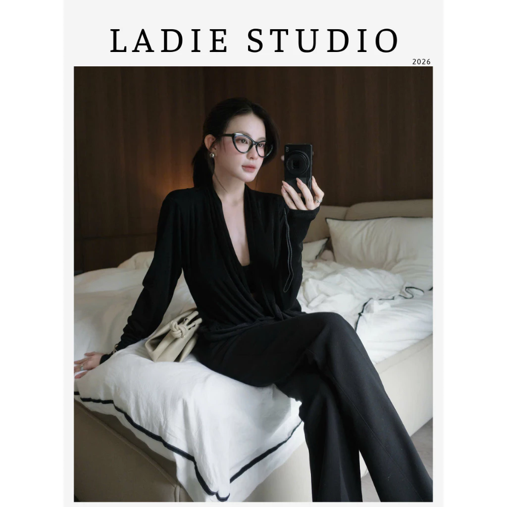 [LADIE STUDIO] Set áo wrap nữ cổ V tay dài, quần tây nữ ống loe cạp cao công sở