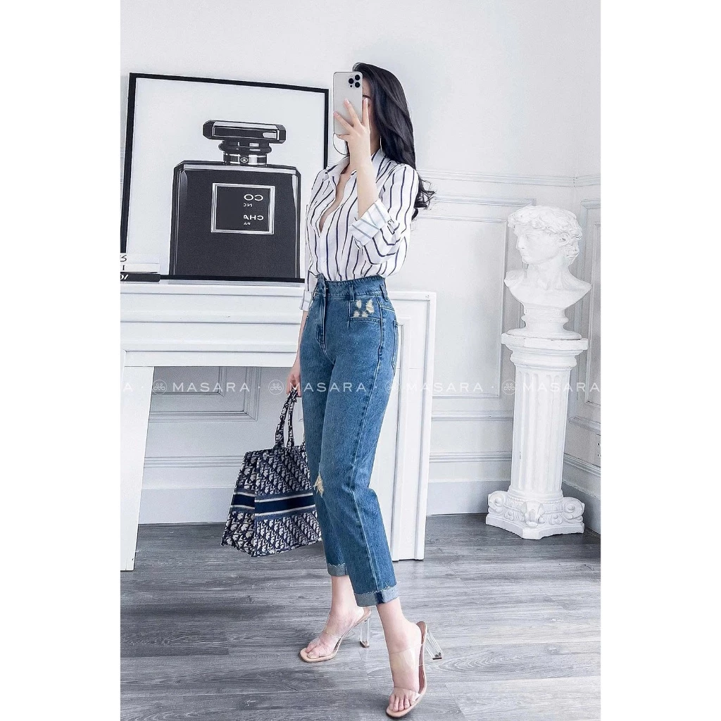 QUẦN JEAN BAGGY XƯỚC LẬT LINE XANH ĐẬM WJeans084