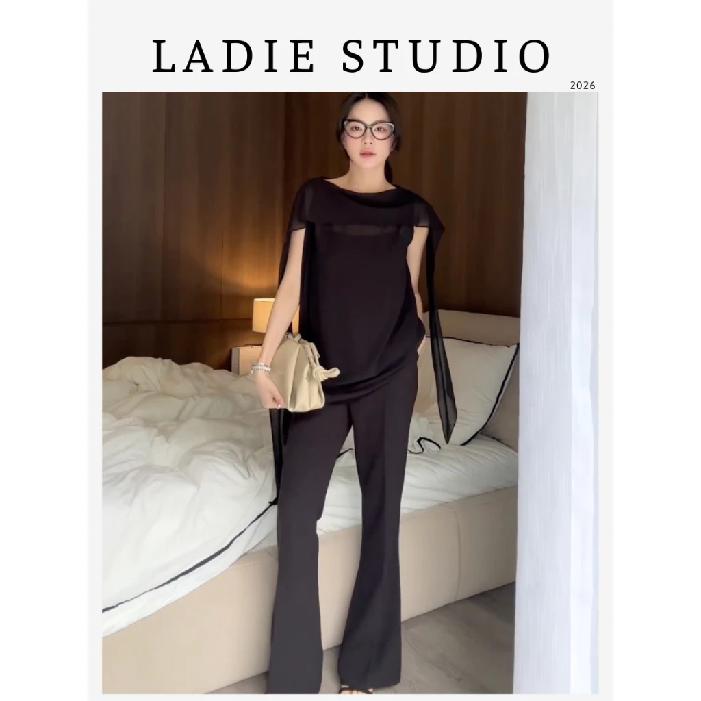 [LADIE STUDIO] Set áo chiffon phủ vai voan mỏng kèm áo trong, quần tây nữ ống loe cạp cao công sở
