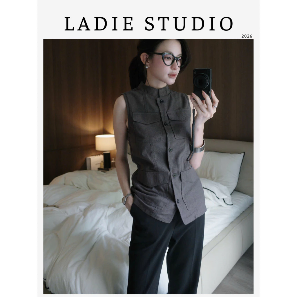 [LADIE STUDIO] Set áo gile nữ sát nách túi hộp, quần tây nữ ống loe cạp cao công sở