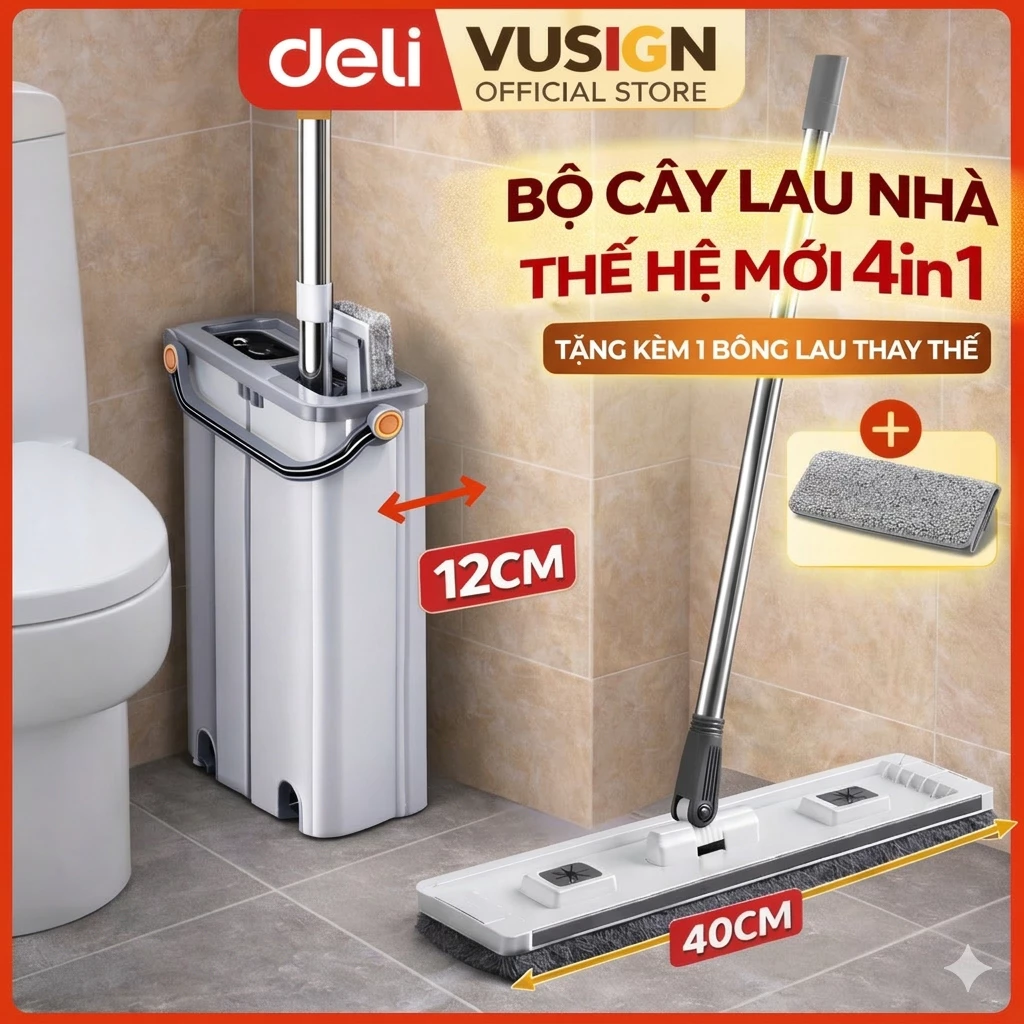 Bộ cây lau nhà cao cấp Deli Vusign xoay 360° chổi tự vắt siêu sạch có lỗ thoát nước nhỏ gọn