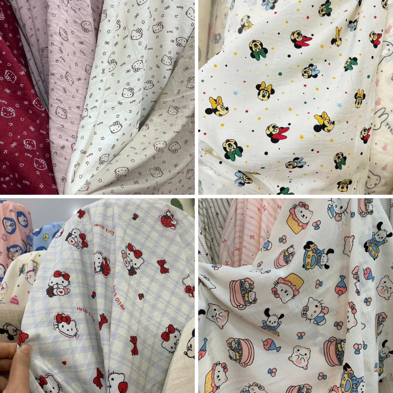 ⚡️VẢI ALICE⚡️Vải Đũi họa tiết Hello kitty may đồ bộ, set trẻ em