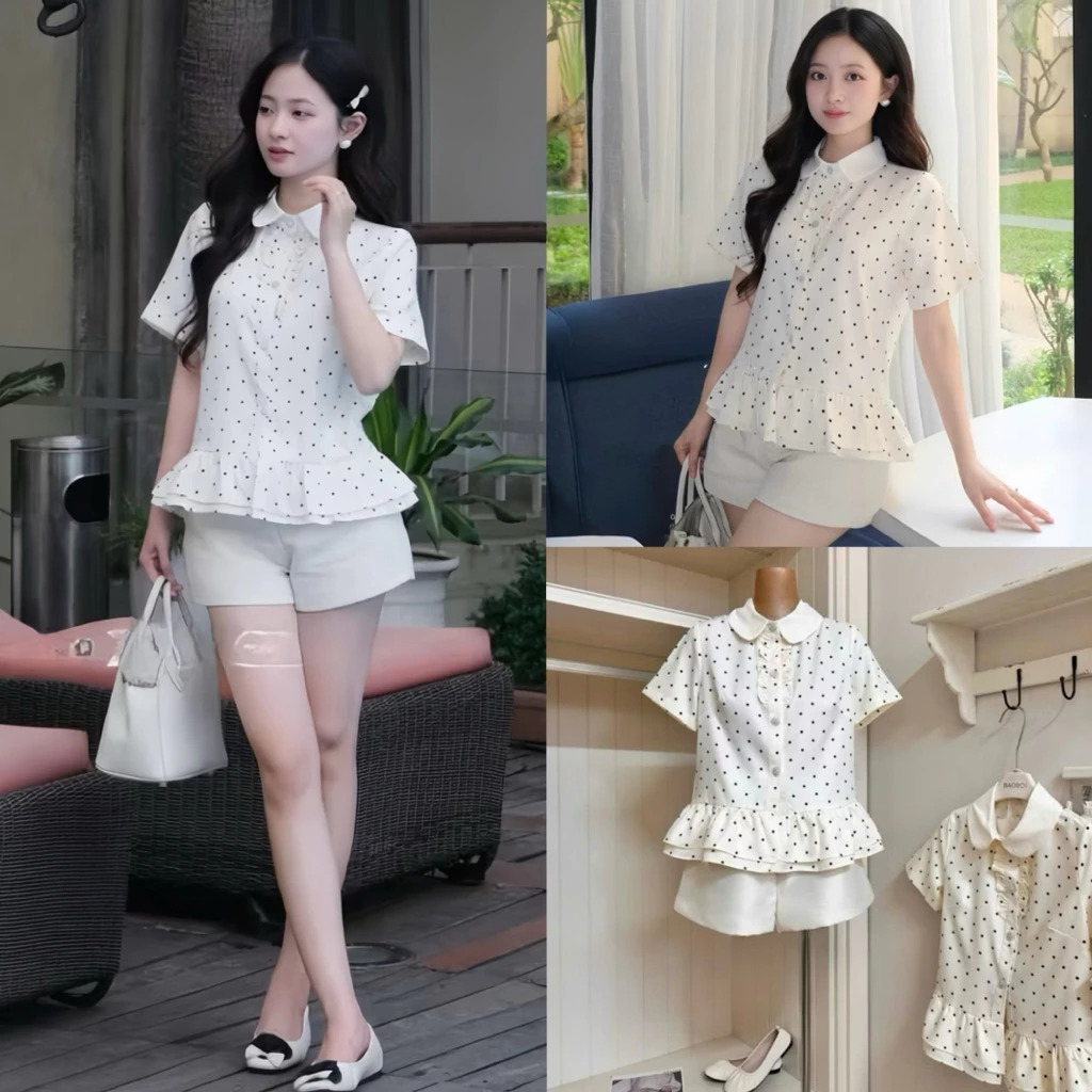 Áo sơ mi cổ sen chấm bi phối viền bèo tiểu thư JOLY, áo kiểu nữ, phong cách hàn