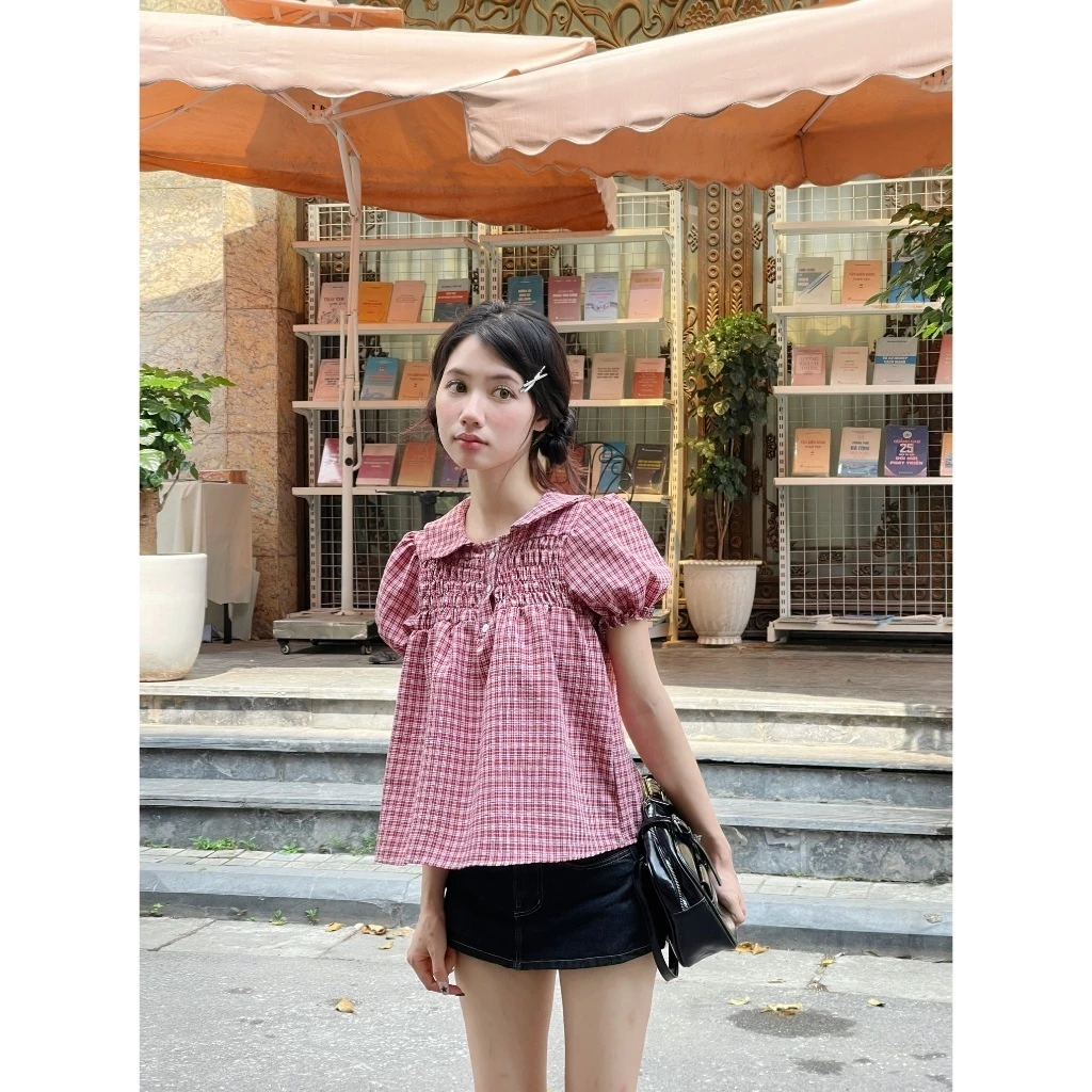 Áo babydoll kẻ caro cổ bèo tay bồng  - Áo kiểu babydoll kẻ caro 3 Cúc Dễ Phối Đồ Siêu XInhh  – A595