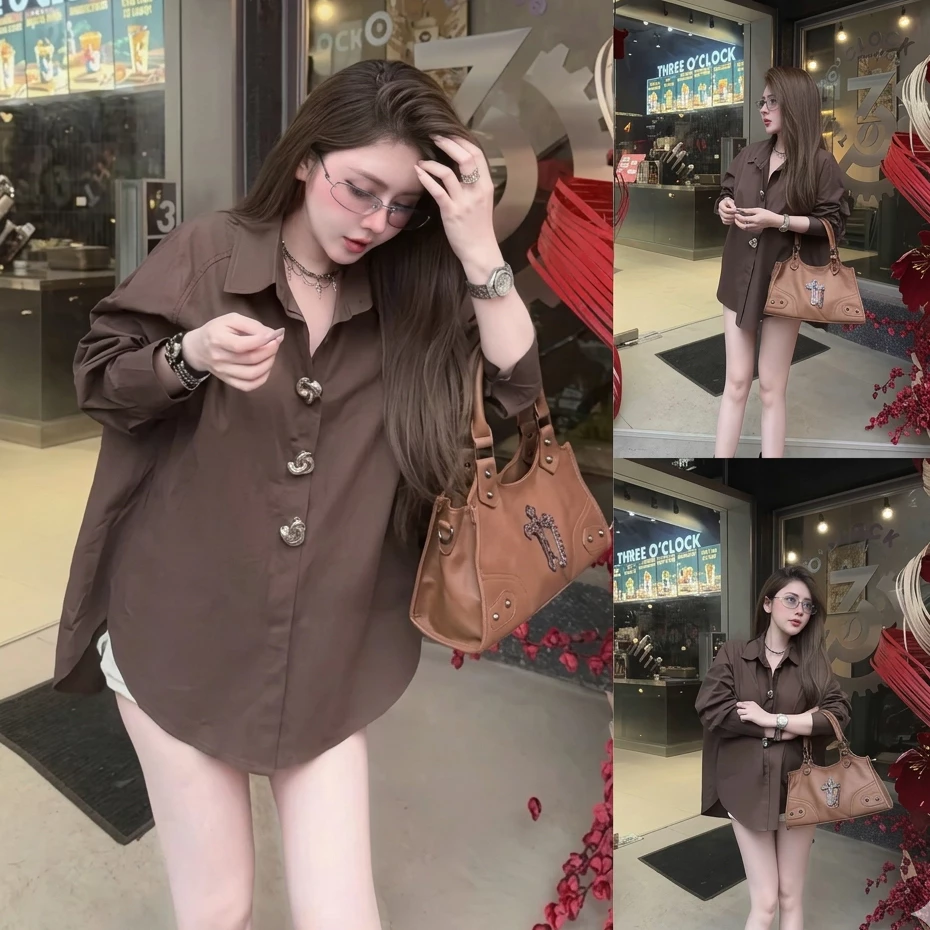 Áo Sơ Mi Nữ Dài Tay Nâu Socola Form Rộng Đính Charm Hoa Bạc Form Rộng Dáng Basic Hiện Đại Trẻ Trung