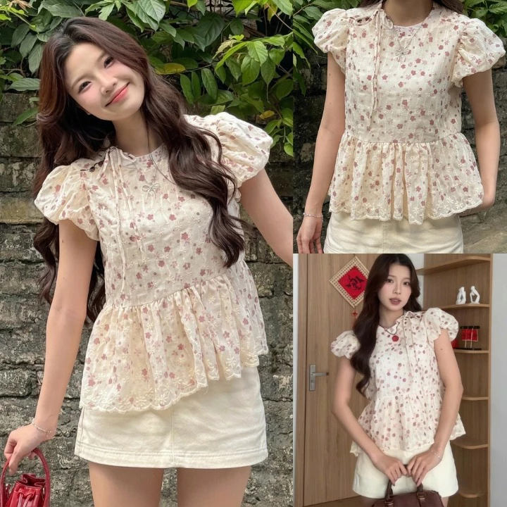 Áo Babydoll Nữ ROSE Màu Kem Top Áo Thô Boil Tay Bồng Phối Nơ Cổ Áo Cách Điệu Kiểu Dáng Tiểu Thư