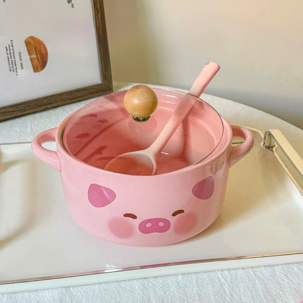 Bộ Bát Sứ Có Nắp Đậy Kèm Thìa Hình Heo Hồng Cute 800ml-  Nồi ăn mỳ-cháo