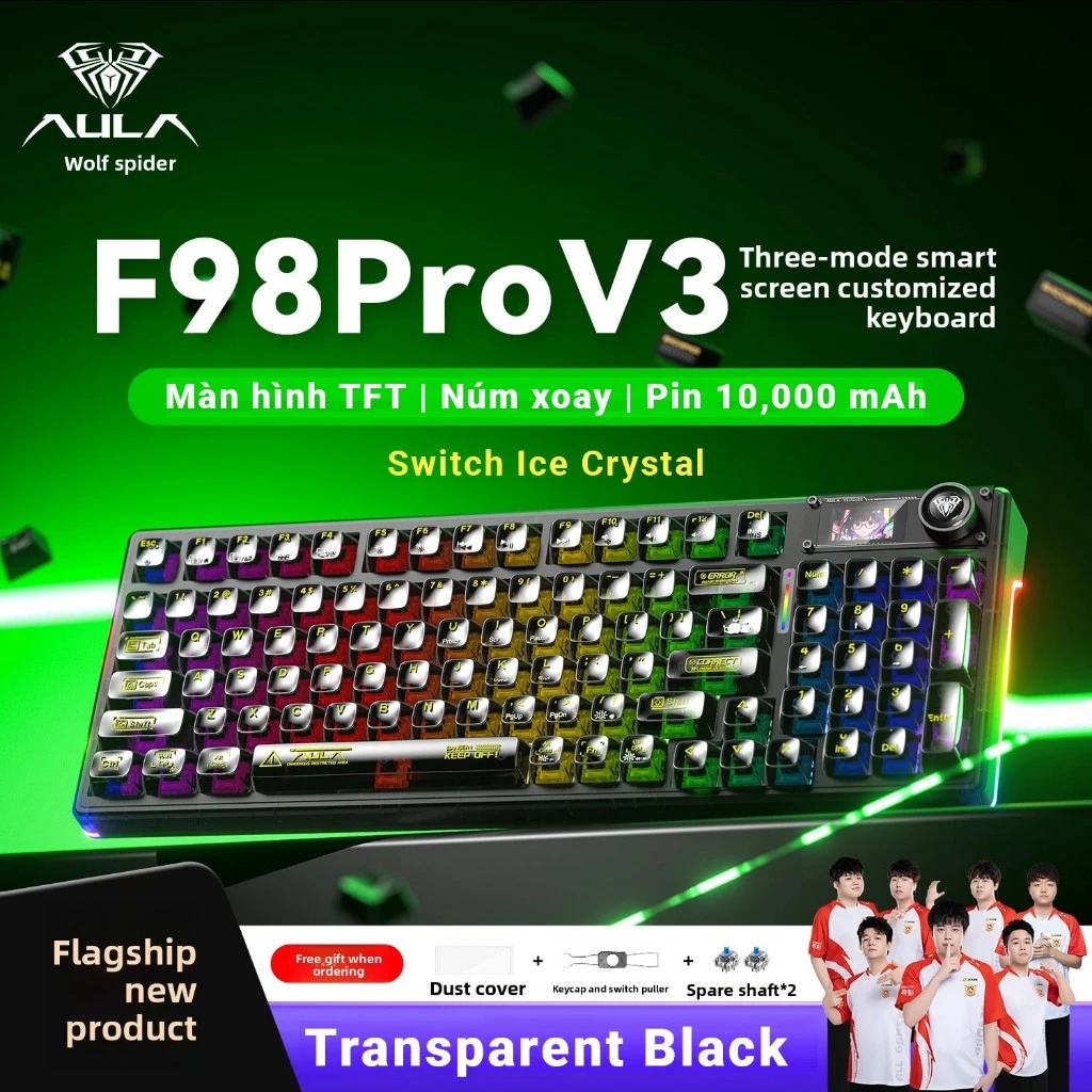 Bàn phím cơ AULA F98 Pro V3 - 3 Mode kết nối - Pin nâng cấp 10,000 mAh - Núm xoay + màn TF - BH 12T