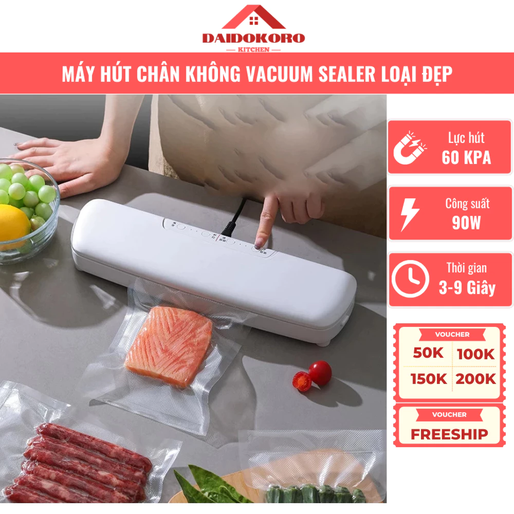 Máy Hút Chân Không VACUUM SEALER Bảo Quản Thực Phẩm Gia Đình, Chế Độ Hàn Miệng Túi, Lực hút mạnh