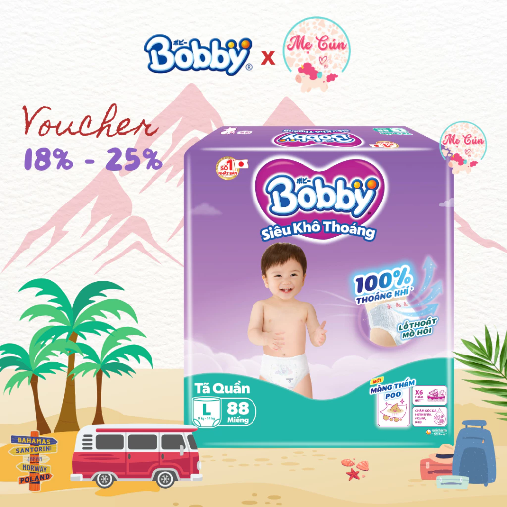 (Chính hãng - FBS ko quà) Tã quần Bobby Ultra Mẫu mới Siêu khô thoáng M96/L88/XL74/XXL68 cho bé thoải mái cả ngày