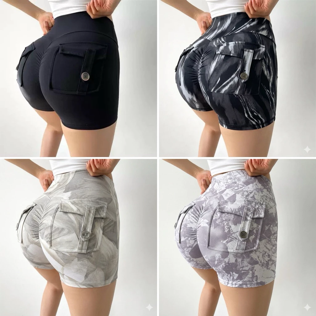 QUẦN SHORT THỂ THAO NỮ CHUN MÔNG TÚI CÚC TẬP GYM VẢI THUN CO DÃN 4 CHIỀU