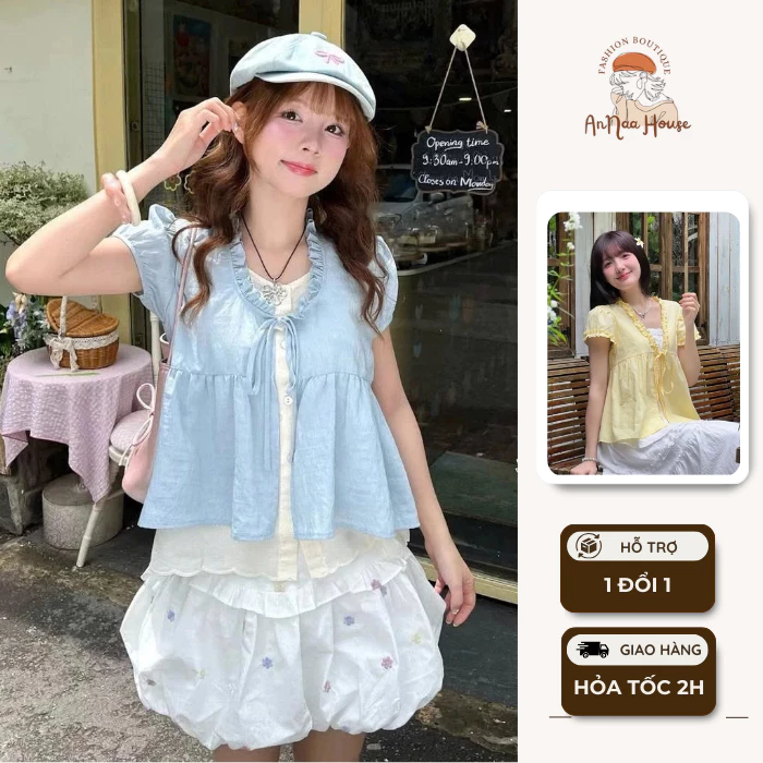 Áo sơ mi babydoll phối thân trắng liền thắt nơ dáng xuông phối viền bèo dễ thương tiểu thư hàn quốc