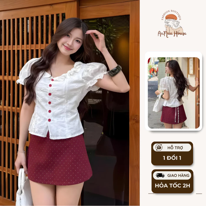 Áo kiểu nữ top cổ bèo phối cúc đỏ có dây buộc eo phong cách tiểu thư bánh bèo