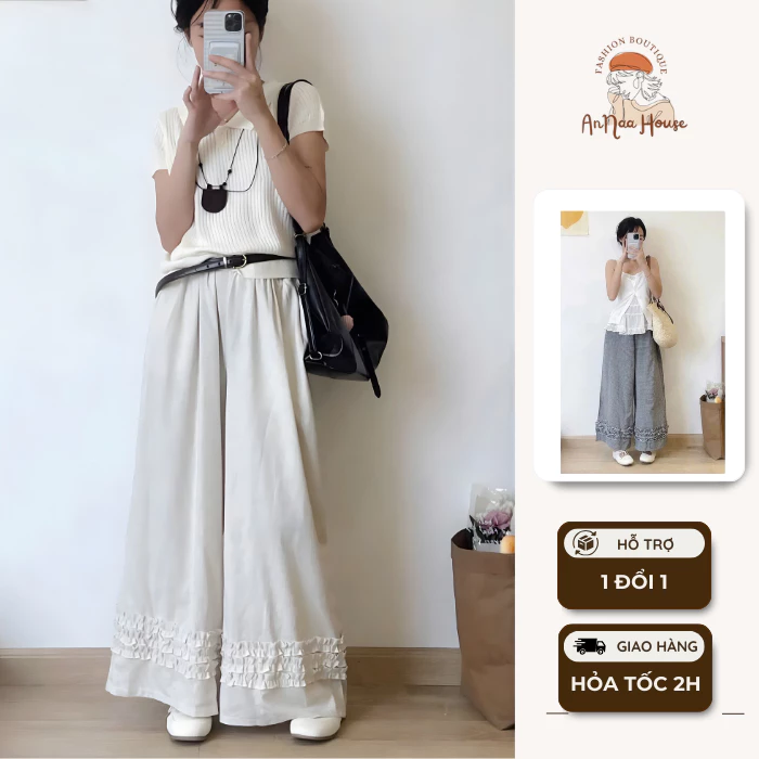 Quần ống rộng chất thô linen thiết kế viền bèo gấu 2 màu dễ phối đồ, quần chấm bi dáng suông