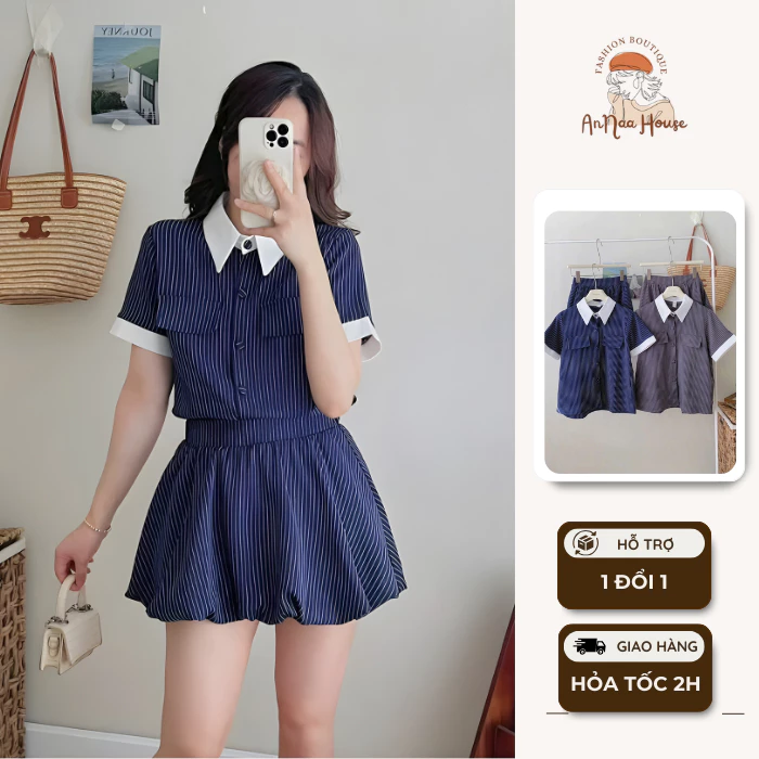 Set sơ mi kẻ tay ngắn kèm chân váy bí dáng ngắn xòe xếp ly cúc bọc phối cổ trắng phong cách tiểu thư