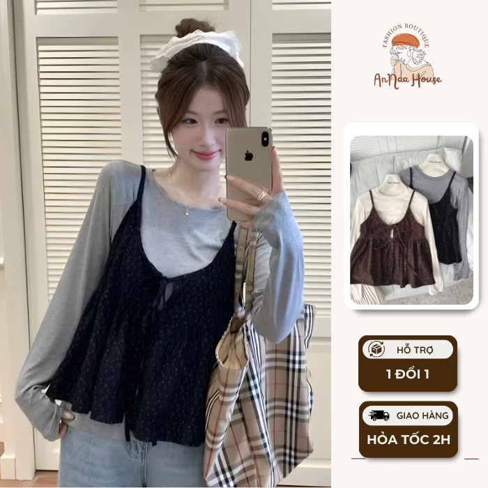 SET ÁO THUN KÈM YẾM NHUNG HOA NHÍ THẮT NƠ MẶC HAI SIÊU XINH PHONG CÁCH BÁNH BÈO TIỂU THƯ