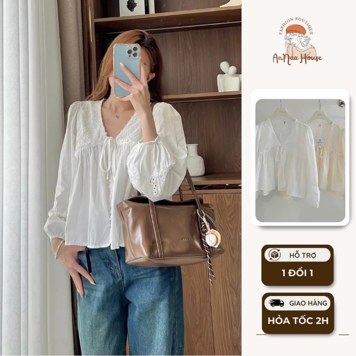 Áo babydoll tay dài thô hoa phối cổ V viền ren siêu xinh cách điệu