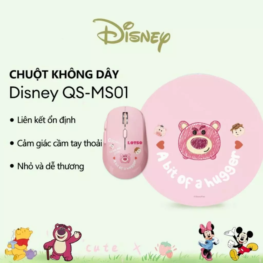 Combo Chuột Không Dây Disney QS-MS01 BT/2.4G –  6 Nút 1600 DPI + Mouse Pad cho laptop và Macbook