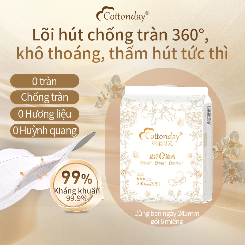 Băng vệ sinh Cottonday siêu mỏng thấm hút 0.3s chống tràn 99% diệt khuẩn thoáng khí dùng ngày đêm 245mm 290mm