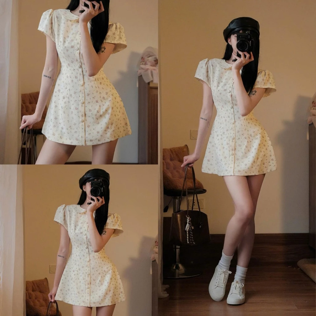 Váy Hoa Nhí Cổ Sen Vintage Nữ Tính Thanh Lịch Ôm Eo Tôn Dáng Form Xinh Trẻ Trung 247Store Vayhoanhi145