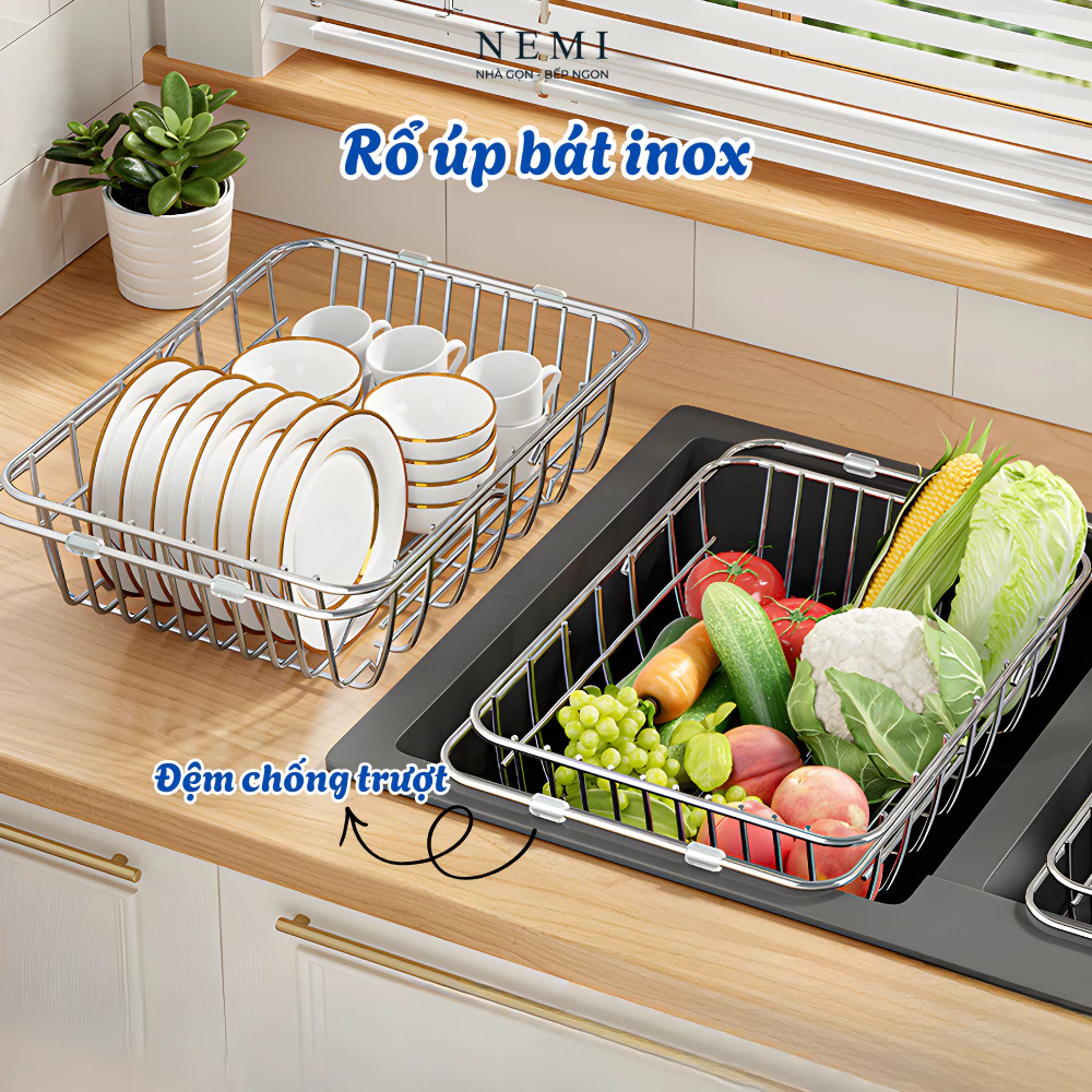 Rổ Úp Bát Inox Gác Bồn Rửa NEM, Kệ Úp Chén Bát Thu Gọn, Rổ Rửa Rau Củ Thoát Nước, Chống Trượt Chống Xước