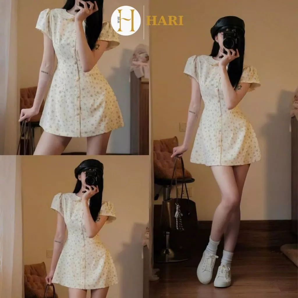 Váy Hoa Nhí Cổ Sen Hari Vintage Nữ Tính Thanh Lịch Ôm Eo Tôn Dáng Form Xinh Trẻ Trung 145