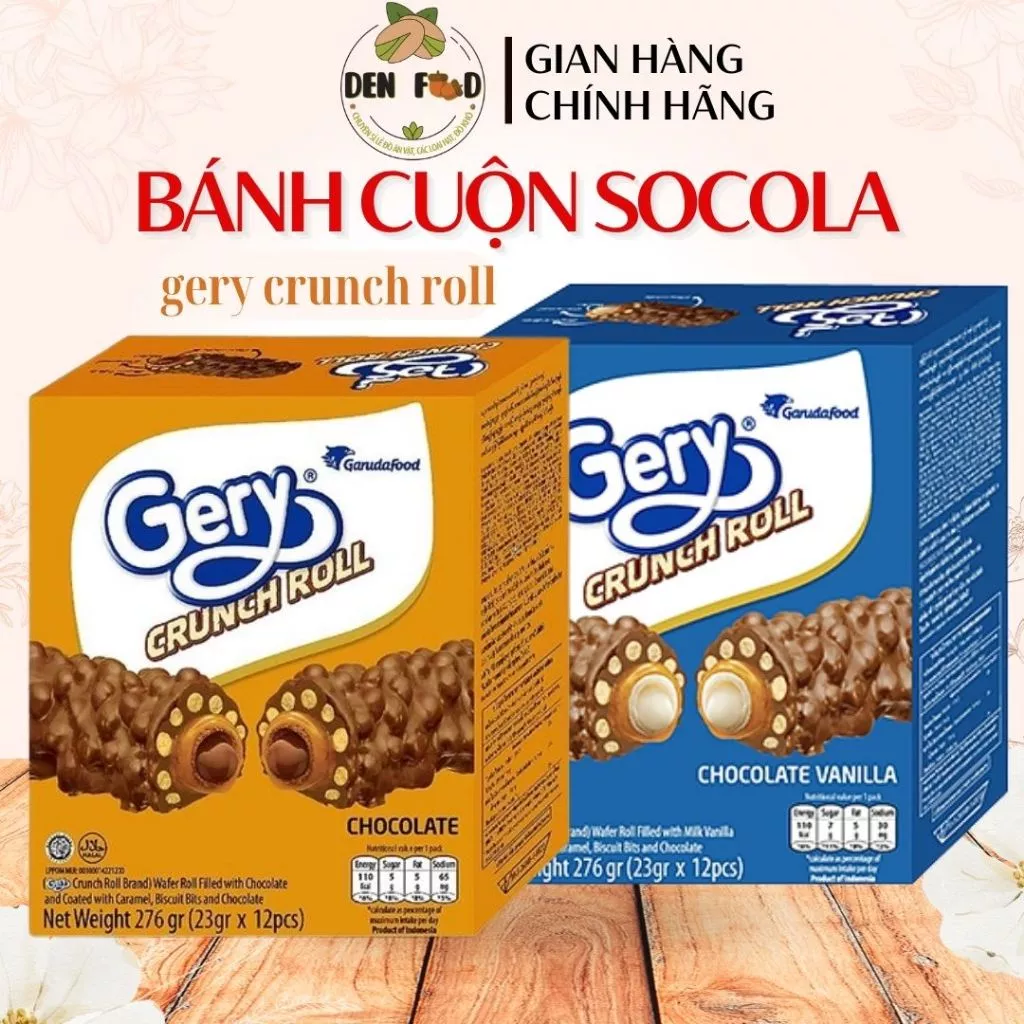 Bánh Gery Crunch Roll Chocolate & chocolate Vanilla Hộp 276g (23g x 12 thanh) - Bánh Cuộn Phủ Socola - Ăn Vặt Denfood