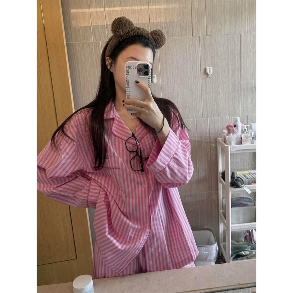Bộ Pijama Đũi Mây Sọc Hồng nhạt phai , Đồ Ngủ Nữ Dài Tay Bông Mây Hàn Quốc Cao Cấp Mềm Mịn