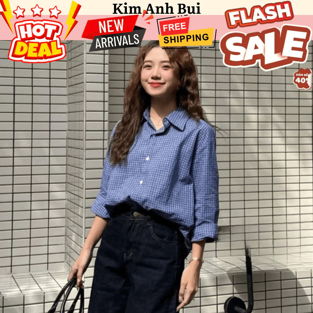Áo Sơ Mi Nữ Dài Tay Form Rộng Kẻ Caro Nhỏ Xanh Cổ Bẻ Vintage Hàn Quốc - Áo Sơ Mi Nữ Công Sở Hot Trend 2025