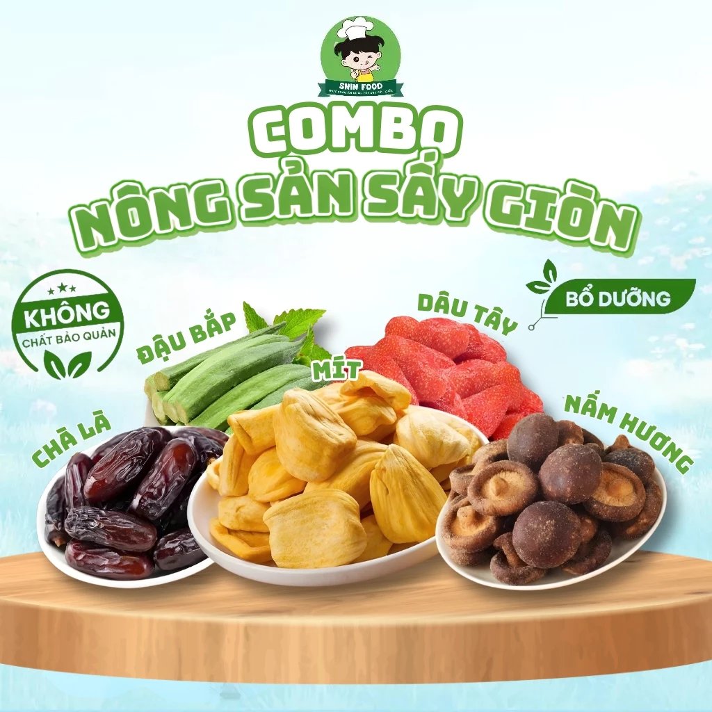 [NÔNG SẢN SẤY GIÒN] Mít Thái Sấy Loại 1, Dâu Tây, Chà Là Đen, Nấm Hương, Đậu Bắp Shin Food