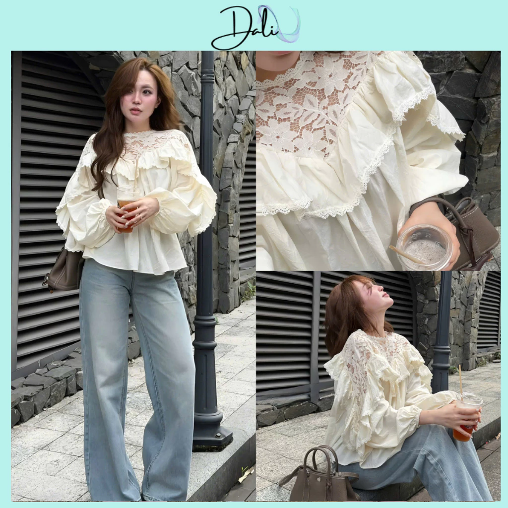 Áo Sơ Mi Babydoll Bánh Bèo Phối Cổ Ren Chất Thô Nhăn Màu Be