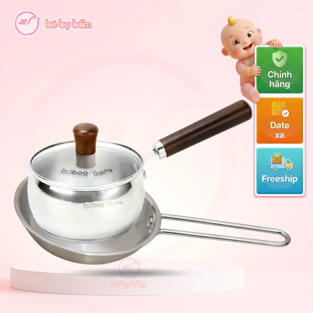 🍲 Nồi Quánh Nấu Bột Cho Bé Baboo Gooby Chính Hãng - Chảo Inox 304 Đáy 3 Lớp, Dùng Được Cho Bếp Từ