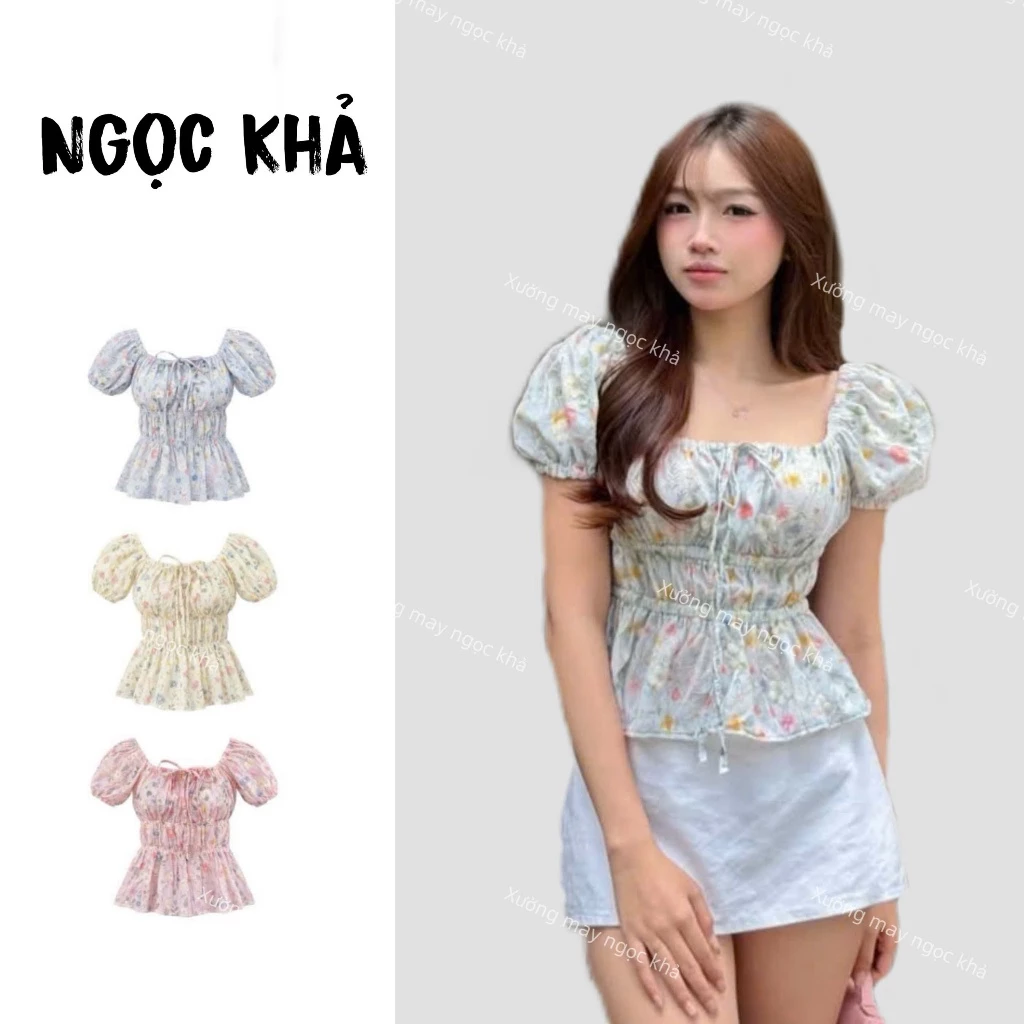 Áo Kiểu Cổ Vuông , Hoa Nhí Cổ Vuông Thắt Dây Tay Bồng Nhẹ, Áo Nữ Mặc Được Hai Kiểu