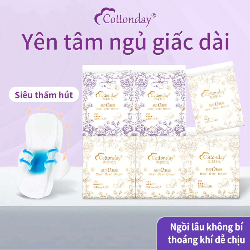 Băng vệ sinh Cottoday 6 gói (245/290mm): thấm 0.3s, chống tràn 99%, diệt khuẩn, mỏng thoáng, cho da nhạy cảm, năng động.