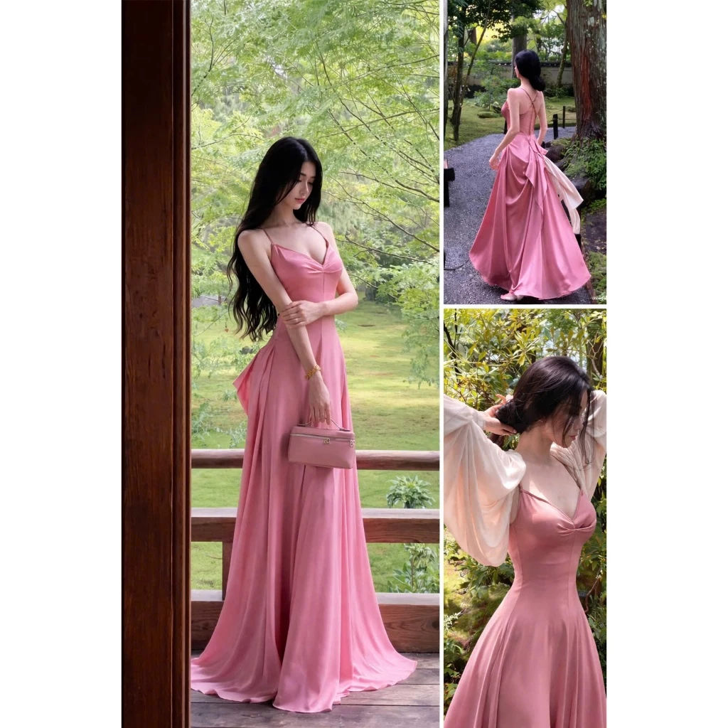 ĐẦM MAXI HAI DÂY HỞ LƯNG PHỐI TÀ SÓNG DÀI