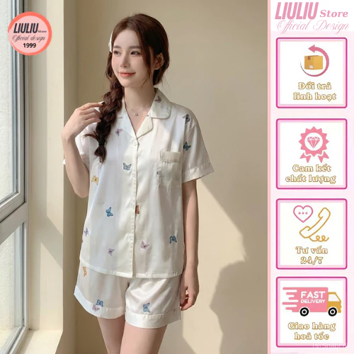Bộ đồ ngủ nữ lụa xước cao cấp, bộ pyjama cộc tay họa tiết dễ thương hàng Quảng Châu