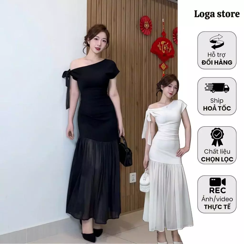 Đầm Body Lệch Vai Đi Hẹn Hò Phối Chân Váy Tơ , Váy Sự Kiện Dáng Dài Sang Chảnh Logastore_L0198