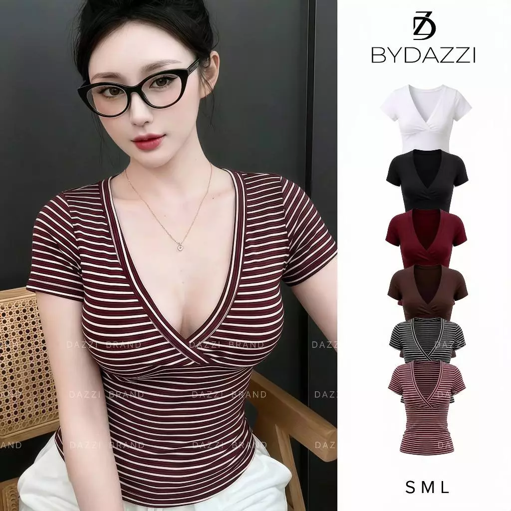 [MỞ BÁN] Áo thun tay ngắn nữ cổ V cách điệu dáng ôm chất cotton tôn dáng DAZZI Women A073