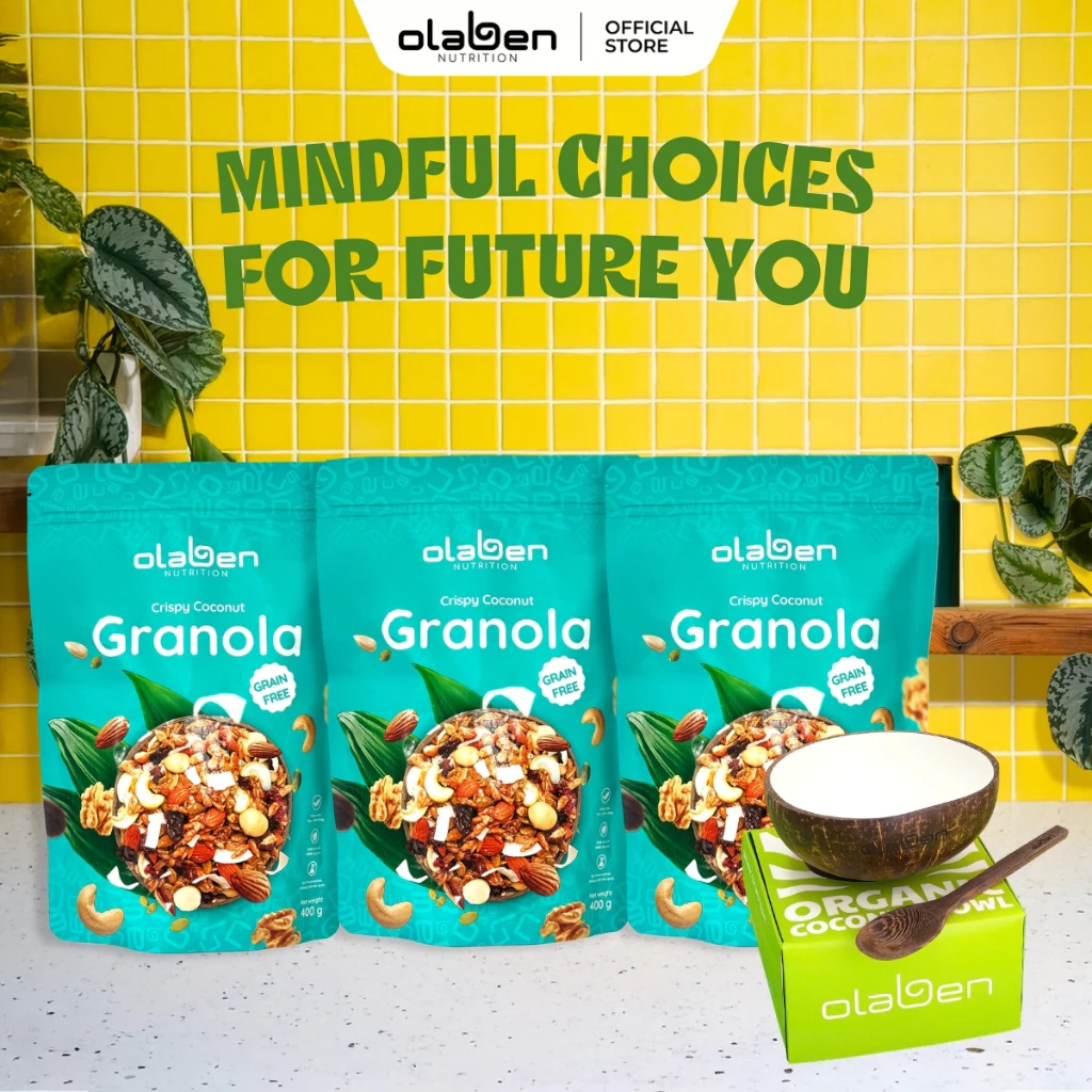 [COMBO 4] 3 Túi 400g Ngũ Cốc Vị Dừa Không Yến Mạch + 1 Bộ Bát Muỗng Dừa - Olaben Nutrition Granola Grain Free Glow Set